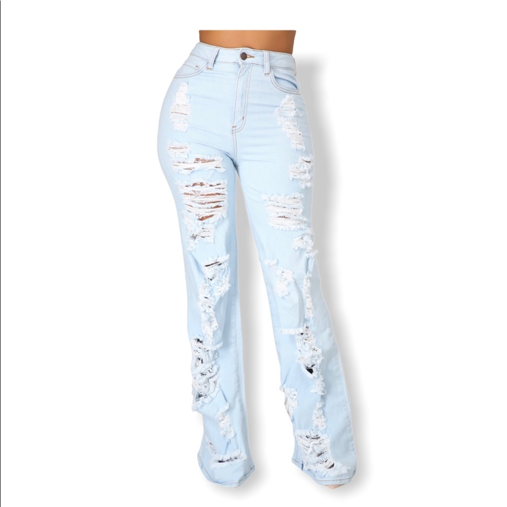 Distressed high waist denim flare jeans